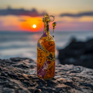 A bottle with a colorful design on it sitting on the rocks.