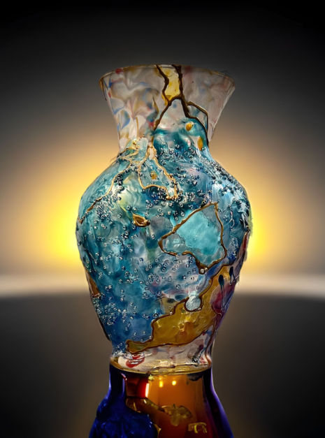 A glass vase with blue and yellow paint on it.