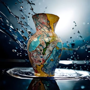A vase is shown in water with splashing drops.