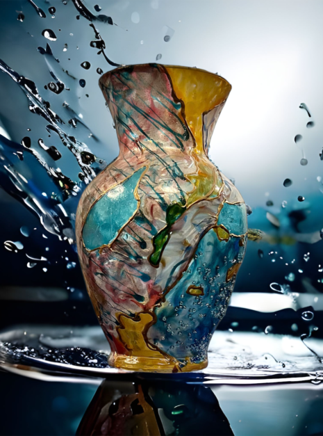 A vase is shown in water with splashing drops.