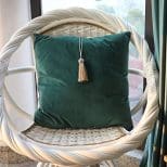 A green pillow with a tassel hanging from it.