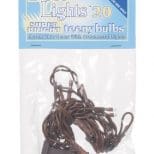 A package of brown string lights with white lettering.