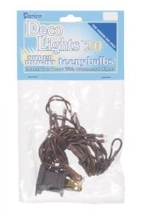 A package of brown string lights with white lettering.