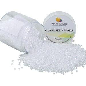 A container of glass seed beads is shown.