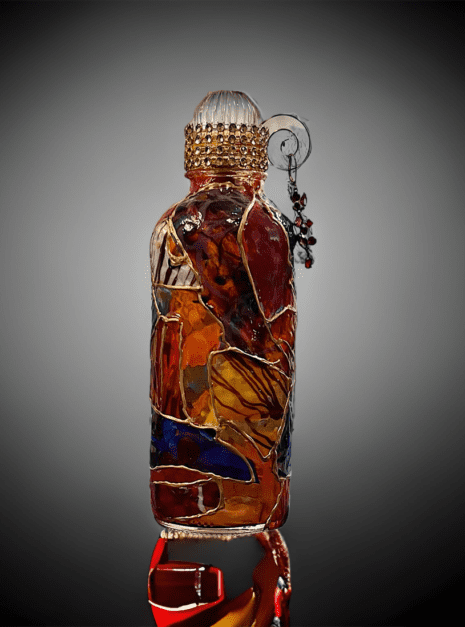 A glass bottle with a decorative design on it.