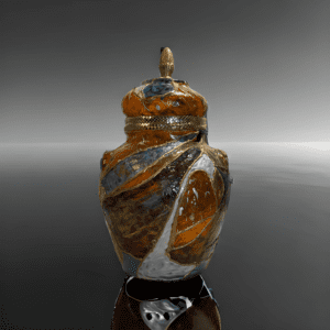 A glass vase with a lid on top of it.