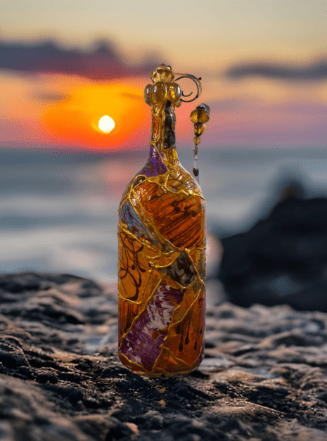 A bottle of wine sitting on top of a rock.