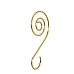 A gold metal hook with an image of a spiral.