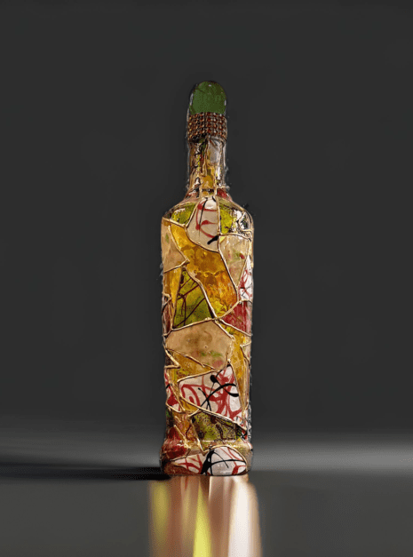 A bottle of wine with the top covered in flowers.