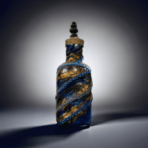 A blue glass bottle with a decorative top.