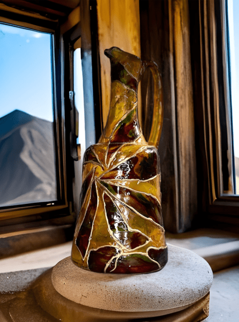 A vase sitting on top of a pedestal in front of a window.