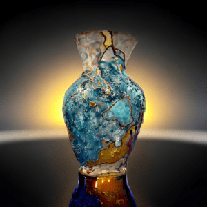 A glass vase with blue and yellow paint on it.