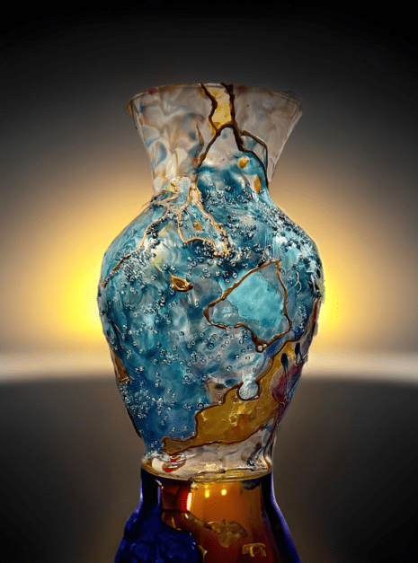 A vase with blue and brown glass on top of it.