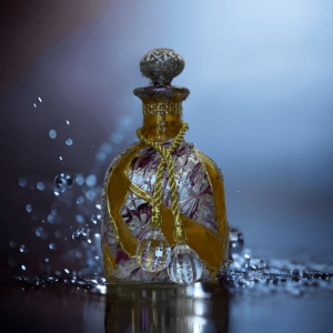 A bottle of perfume sitting on top of a table.