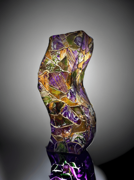 A glass sculpture of purple and green colors.