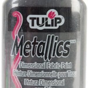 A bottle of Tulip Metallics Black dimensional fabric paint with a pink cap, labeled in english and french.