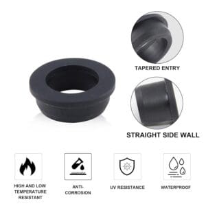 Image of a HORTIPOTS 1/2 Inch Top Hat Grommet Pack of 25 with features highlighted: tapered entry, straight sidewall, and symbols indicating temperature resistance, anti-corrosion, uv resistance, and waterproofing.