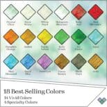 Chart showing 18 best-selling and 4 specialty colors of Gallery Glass Paint Most Popular Kit, each labeled with names like "crystal clear," "ruby red," and "black onyx.