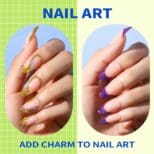 Two images comparing nail art styles: left shows glittered, swooping designs; right features purple textured polish. text promotes added charm to nail art.