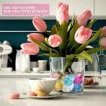 A vase of pink flowers on the counter