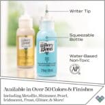 Two bottles of Gallery Glass Paint Most Popular Kit, one aqua and one amber, with features like water-based, non-toxic, and available in over 50 colors.