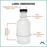 A bottle with label dimensions and measurements.