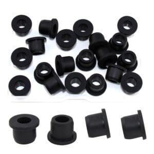 A collection of various sized HORTIPOTS 1/2 Inch Top Hat Grommets scattered on a white surface.