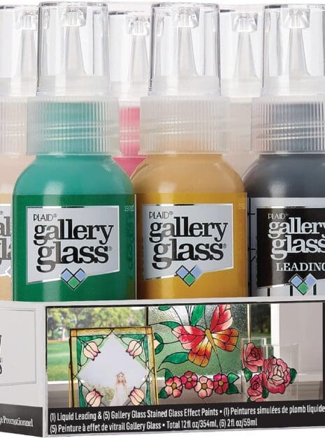 A display of six different colors of glass paints.