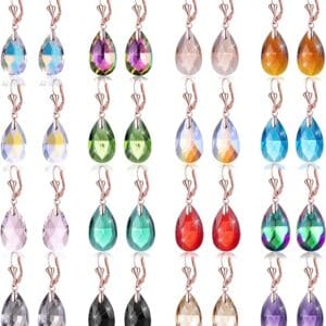 Assorted colorful crystal earrings in teardrop shapes, each attached to a small silver loop, displayed in a grid formation.
