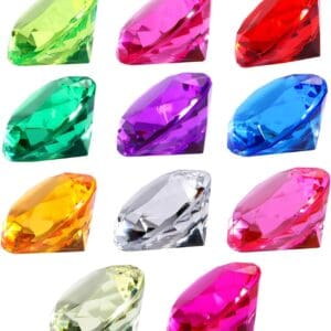 A collection of twelve colorful, faceted Acrylic gemstones 3/4” in various colors including green, pink, red, purple, blue, and yellow.