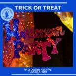 Sparkly "halloween party" sign in blue and red, surrounded by festive lights; text below says "halloween festive decoration.