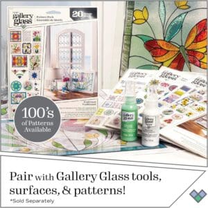 Advertisement for Gallery Glass Metallic Gold craft supplies featuring sample patterns, bottles of liquid lead and color, and a stained glass-style window art.