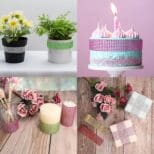 A collage of four different pictures with flowers and candles.