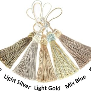 Decorative Beaded Tassels in shades of flaxen, light silver, light gold, mixed blue, and khaki, labeled by color and displayed in a fan arrangement.