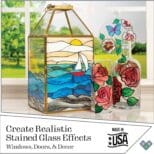 An advertisement showcasing Gallery Glass Paint Most Popular Kit products including a lamp and decorative hanging items with nature and floral designs, labeled "made in usa".