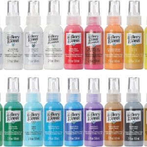 A collection of 16 Gallery Glass Paint Most Popular Kit bottles arranged in a grid, each labeled with different colors and finishes.