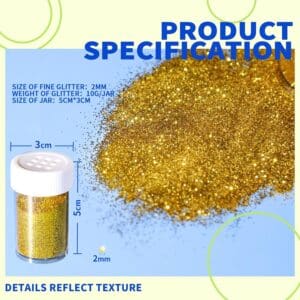 A jar of fine gold Glitter next to a spilled pile, with dimensions and product specifications displayed on a blue background.