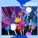 Colorful glittery Glitter pops with vibrant backgrounds and text saying "dress up your party" for a festive party theme.