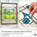 A split-image showing a stained glass design made with Gallery Glass Paint Most Popular Kit in a frame and a close-up of a hand applying a similar design as a removable film on glass.