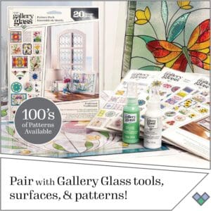 Advertisement for gallery glass window color products showcasing pattern books, paints, and examples of Black Leading stained glass-style window art.