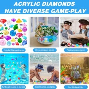Collage images of assorted sizes Gems used in various activities: colorful gems, decorating pot plants, children dressing up, hunting treasure underwater, playing in sand, and as fish tank decorations.