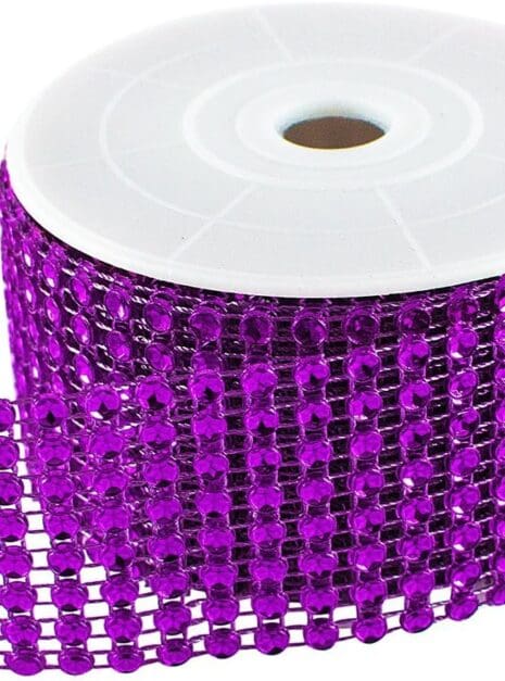 A roll of purple ribbon with many rows of beads.