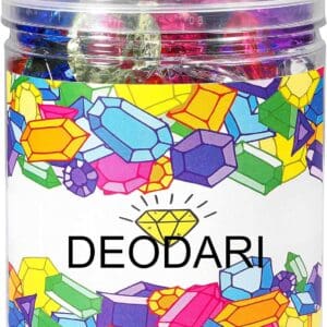 A transparent plastic jar labeled "Acrylic gemstones 3/4”" filled with colorful, assorted gem-like crystals.