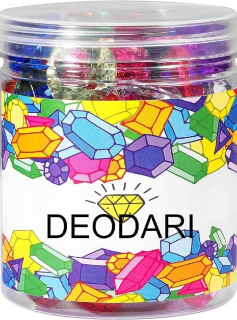 91JNW4Q2wlL._AC_SL1500_ A jar of colorful jewels in the shape of diamonds.