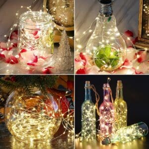 Collage of various illuminated glass containers and bulbs filled with fairy lights and decorative elements like flowers and leaves.