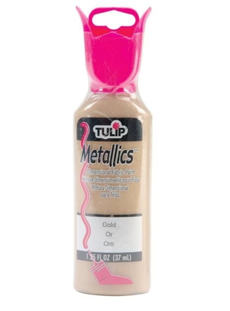 A bottle of metallic paint with pink top.