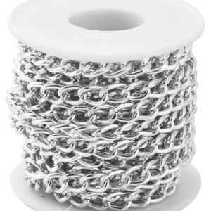 A Glitter spool wrapped with multiple layers of shiny silver chain links.