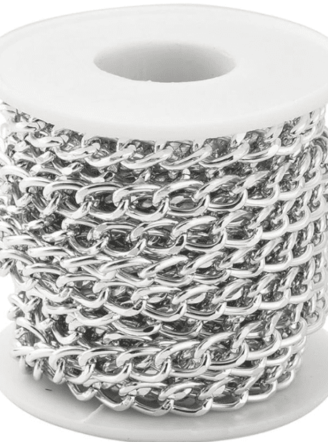 A spool of chain is shown with the end rolled up.