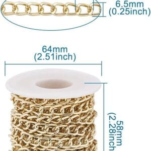 An image showing the dimensions of an Ornamental Chain Gold next to a spool of similar chains, with measurements provided in millimeters and inches.
