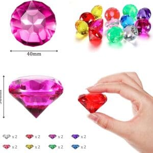 Assorted colorful Acrylic gemstones 1.5” replicas in various shapes and sizes, shown individually and held in a hand.